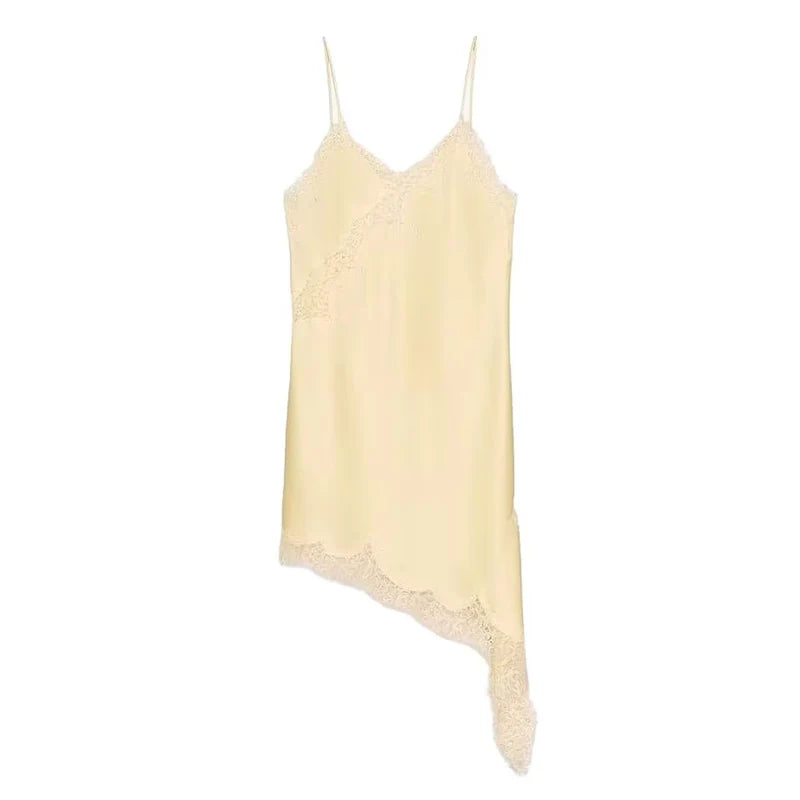 Satin Sexy Lace Spliced Short Sling Dress Women Sleeveless Backless Asymmetric Sexy Party Dresses 2025 Summer Lady Dress 