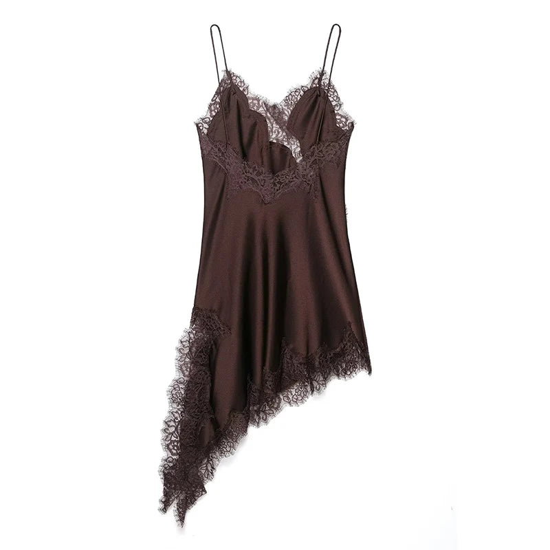 Satin Sexy Lace Spliced Short Sling Dress Women Sleeveless Backless Asymmetric Sexy Party Dresses 2025 Summer Lady Dress 