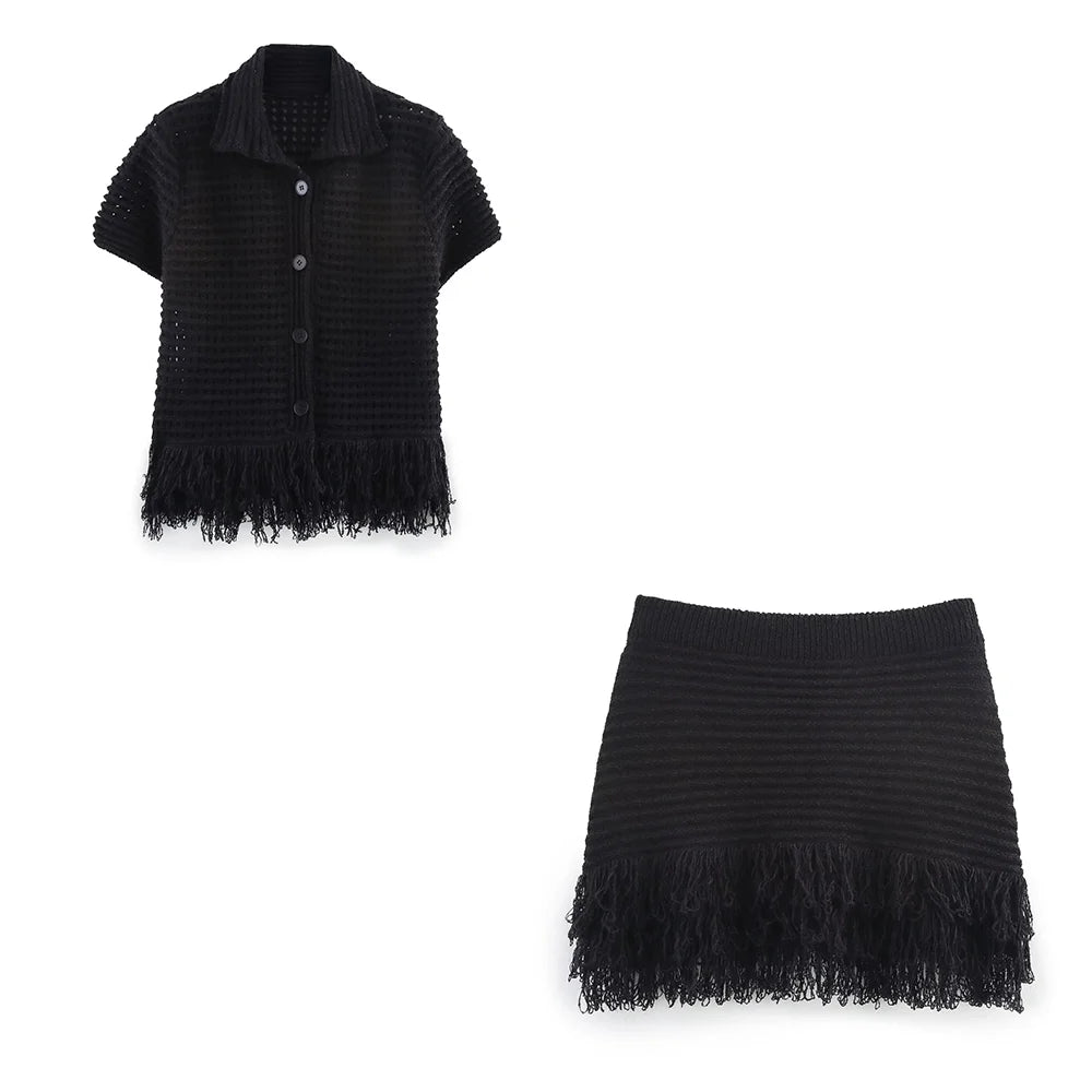Summer Sexy Knitted Tassel Solid Women Suit Fashion