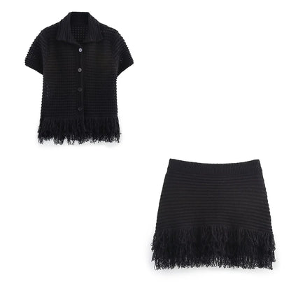 Summer Sexy Knitted Tassel Solid Women Suit Fashion