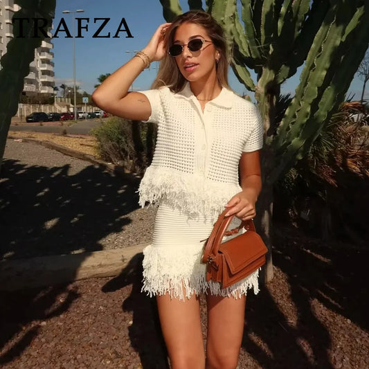 Summer Sexy Knitted Tassel Solid Women Suit Fashion