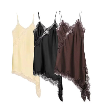 Satin Sexy Lace Spliced Short Sling Dress Women Sleeveless Backless Asymmetric Sexy Party Dresses 2025 Summer Lady Dress ﻿