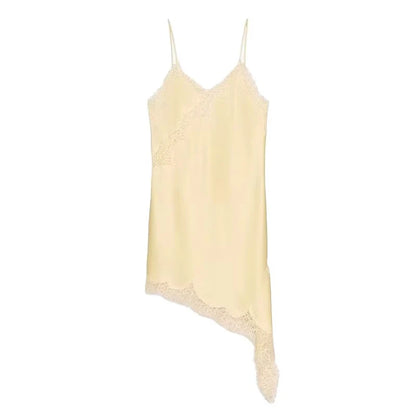 Satin Sexy Lace Spliced Short Sling Dress Women Sleeveless Backless Asymmetric Sexy Party Dresses 2025 Summer Lady Dress ﻿