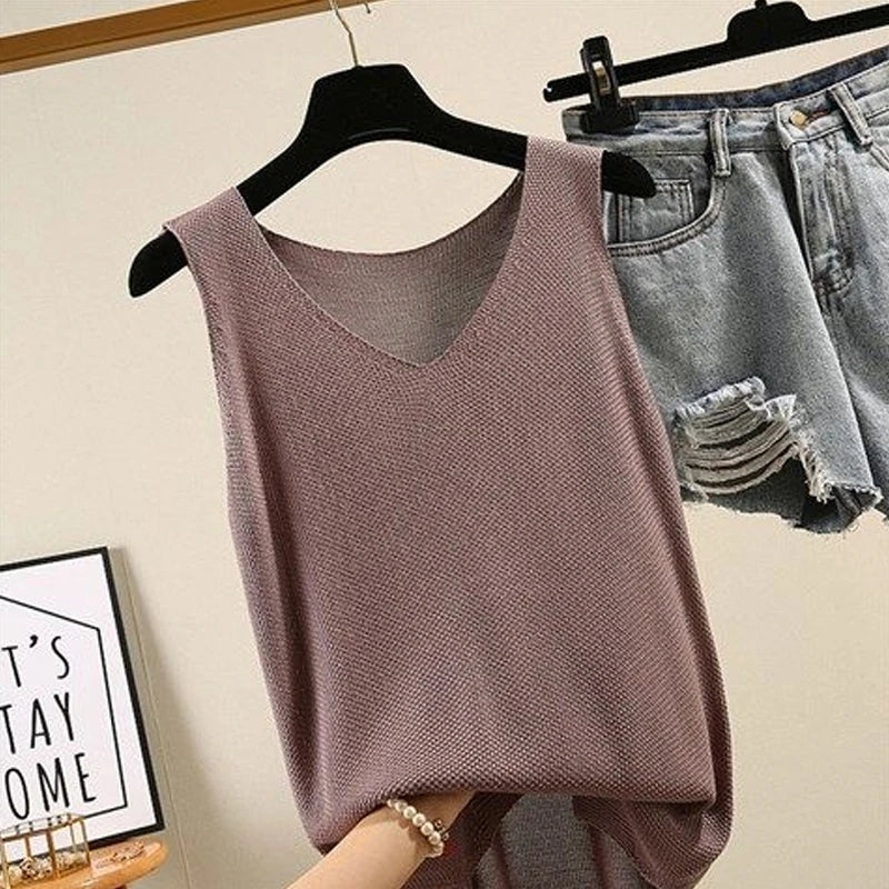 Women Summer Sleeveless Knitted Blouse Shirt