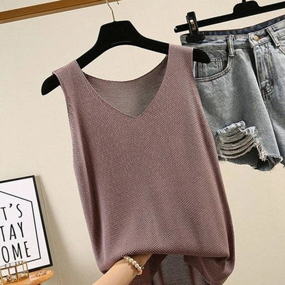 Women Summer Sleeveless Knitted Blouse Shirt