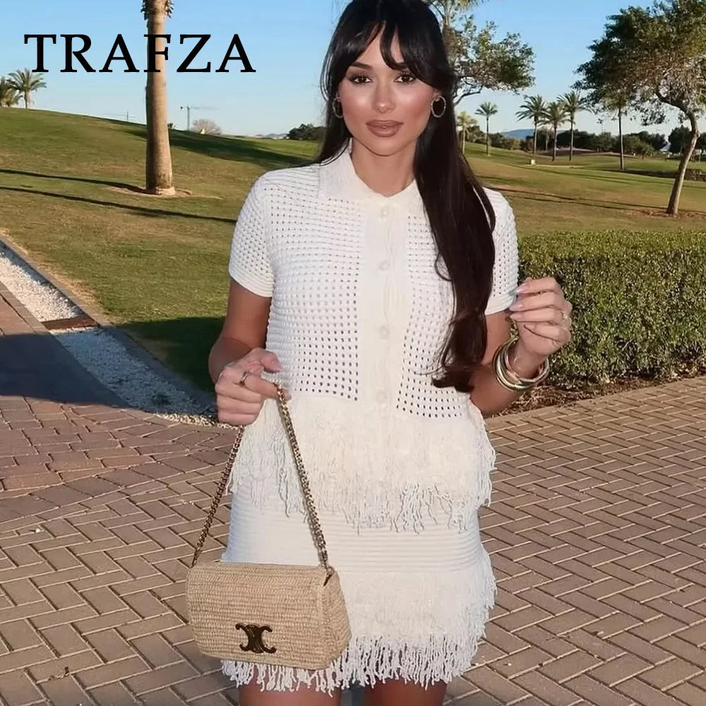 Summer Sexy Knitted Tassel Solid Women Suit Fashion