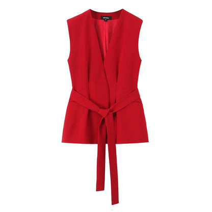 TRAFZA Women Romantic Red Vest Set V-Neck