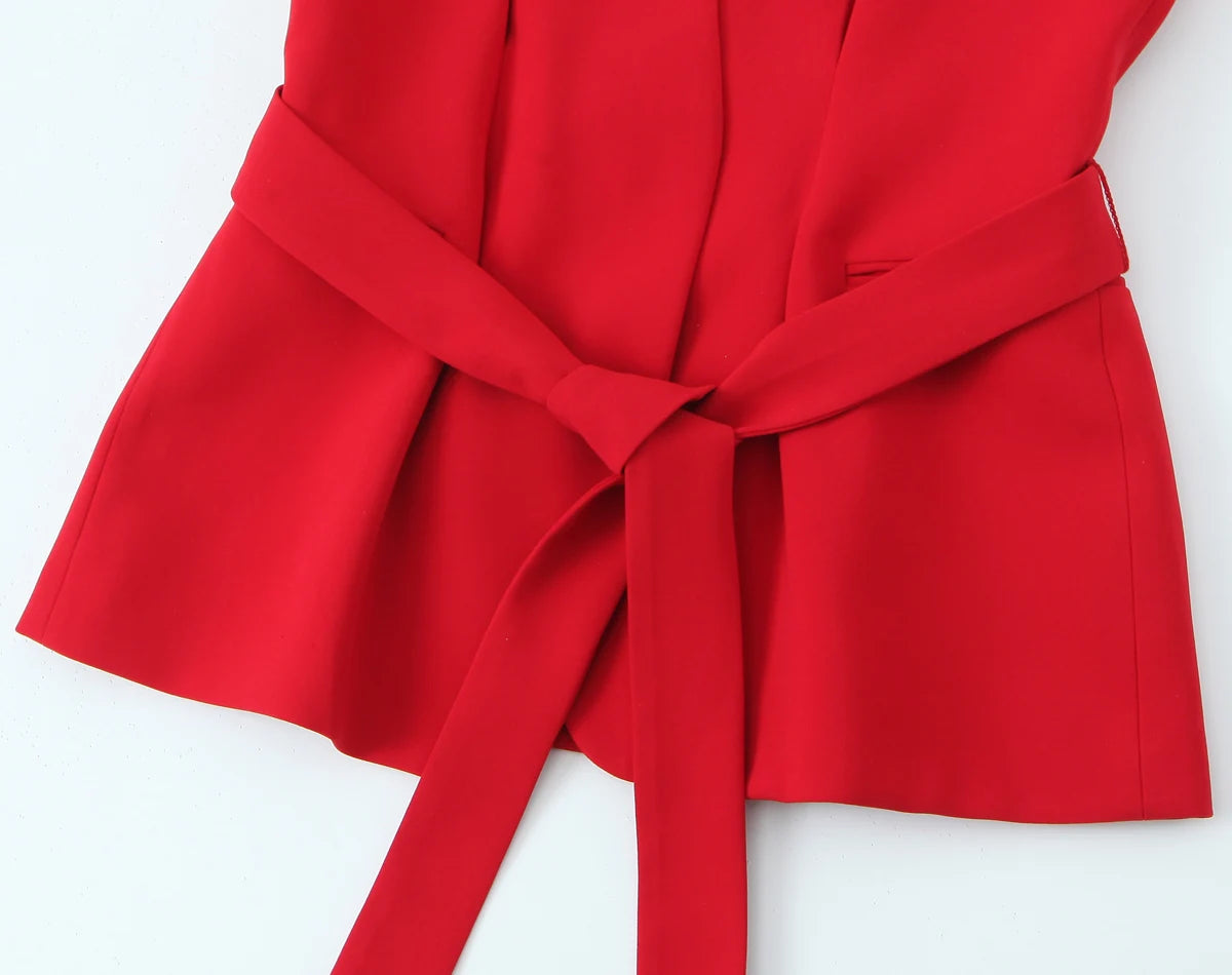 TRAFZA Women Romantic Red Vest Set V-Neck