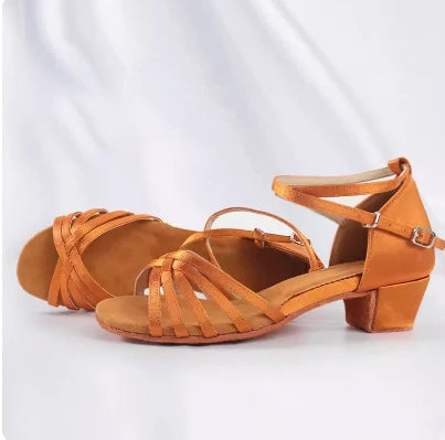 Girls Satin Latin Shoes Low Heel Ballroom Dance