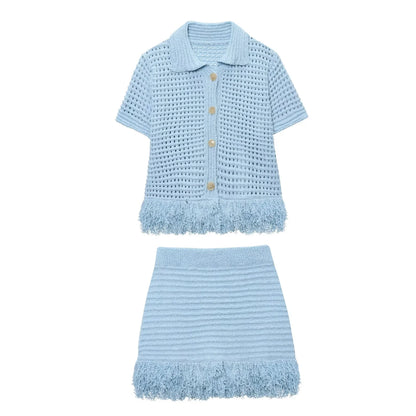 Summer Sexy Knitted Tassel Solid Women Suit Fashion