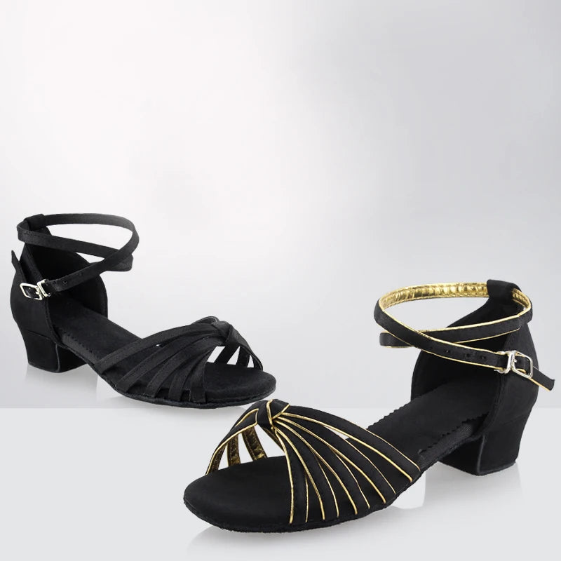 Girls Satin Latin Shoes Low Heel Ballroom Dance