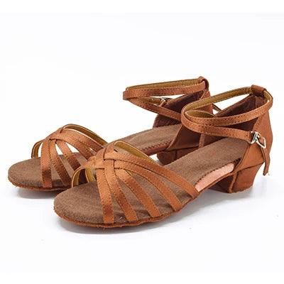 Girls Satin Latin Shoes Low Heel Ballroom Dance