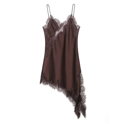 Satin Sexy Lace Spliced Short Sling Dress Women Sleeveless Backless Asymmetric Sexy Party Dresses 2025 Summer Lady Dress ﻿