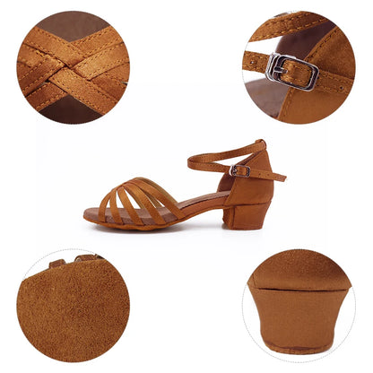 Girls Satin Latin Shoes Low Heel Ballroom Dance