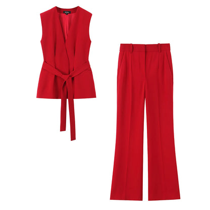 TRAFZA Women Romantic Red Vest Set V-Neck