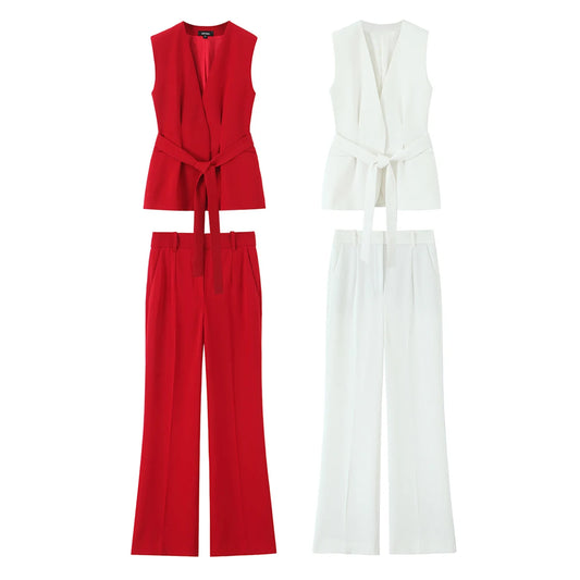 TRAFZA Women Romantic Red Vest Set V-Neck
