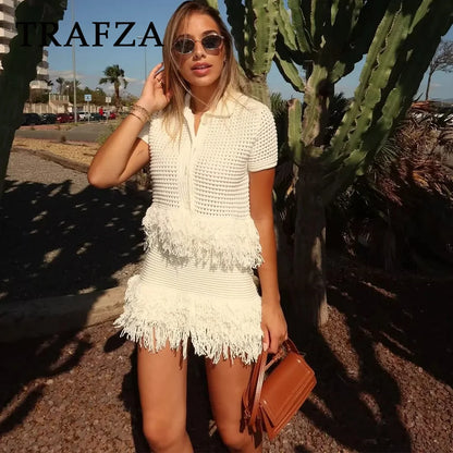 Summer Sexy Knitted Tassel Solid Women Suit Fashion