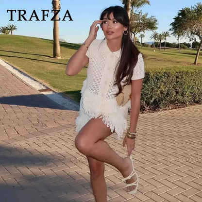 Summer Sexy Knitted Tassel Solid Women Suit Fashion