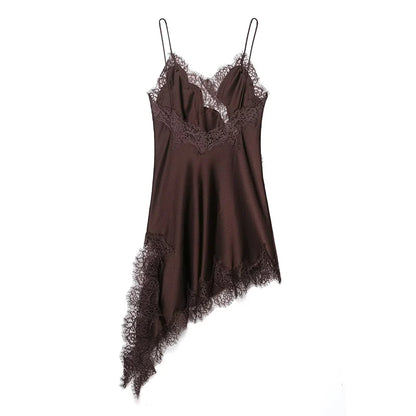 Satin Sexy Lace Spliced Short Sling Dress Women Sleeveless Backless Asymmetric Sexy Party Dresses 2025 Summer Lady Dress ﻿