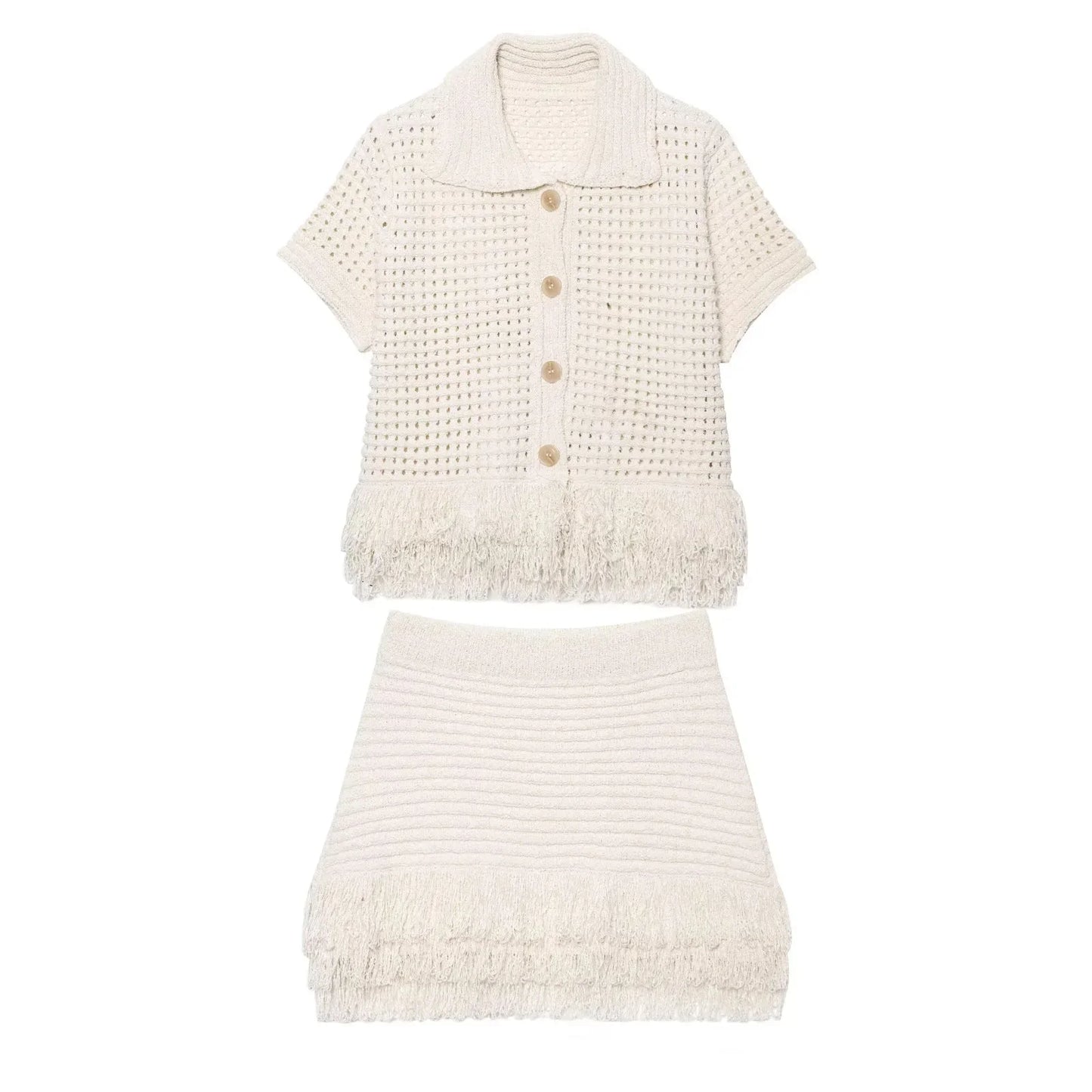 Summer Sexy Knitted Tassel Solid Women Suit Fashion